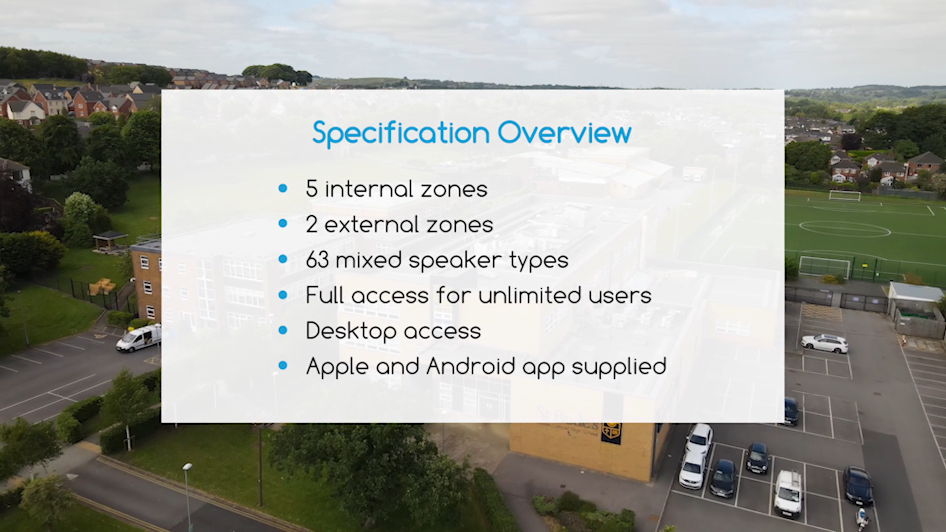 An informative display showcasing Audiebant's installation at St Bedes Catholic School, featuring 5 internal zones, 2 external zones, 63 mixed speaker types, and full access for unlimited users across multiple platforms